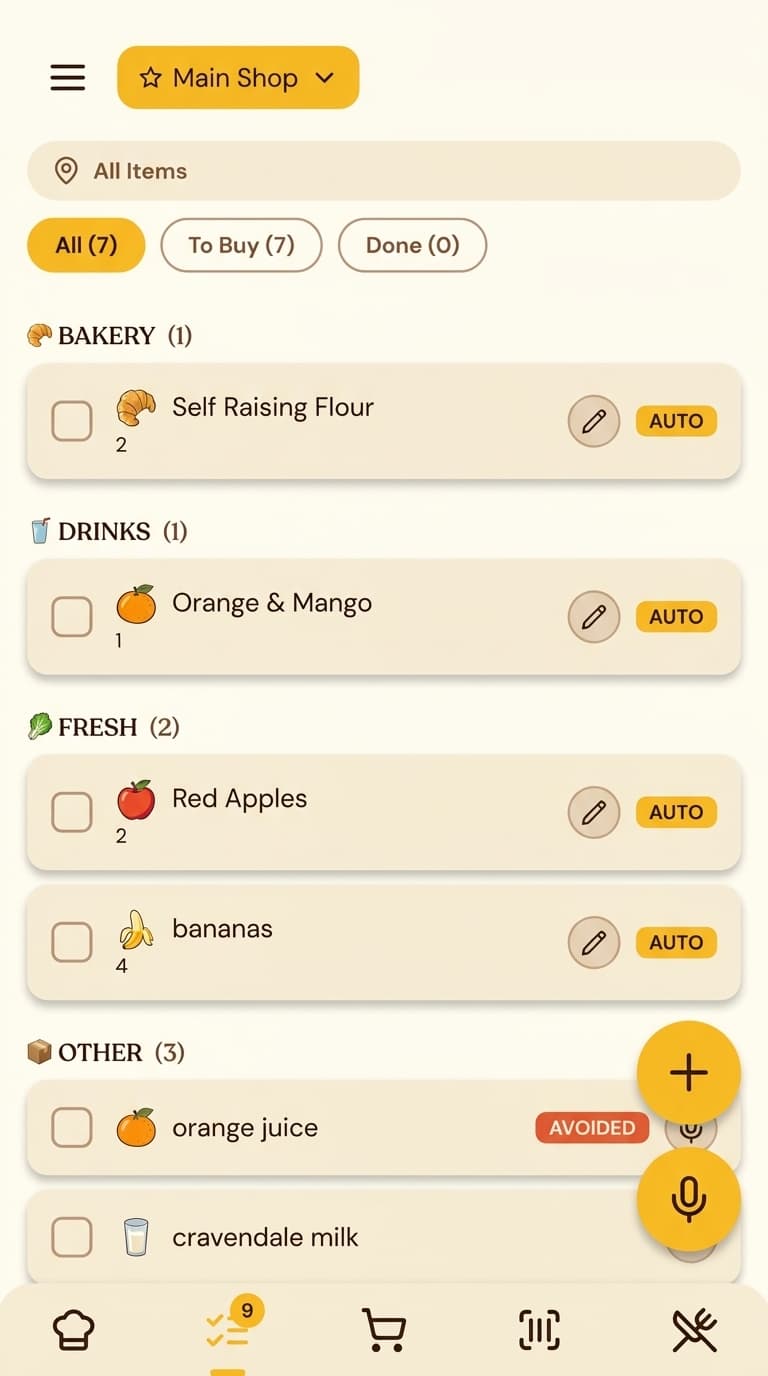 Plenishd shopping list — shared across the household