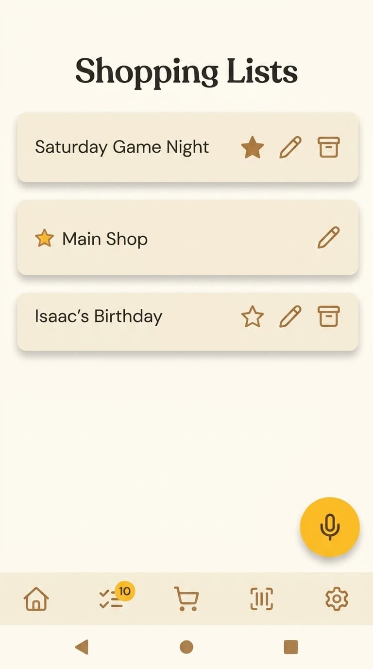 Plenishd shopping lists — Saturday Game Night, Main Shop, Isaac's Birthday