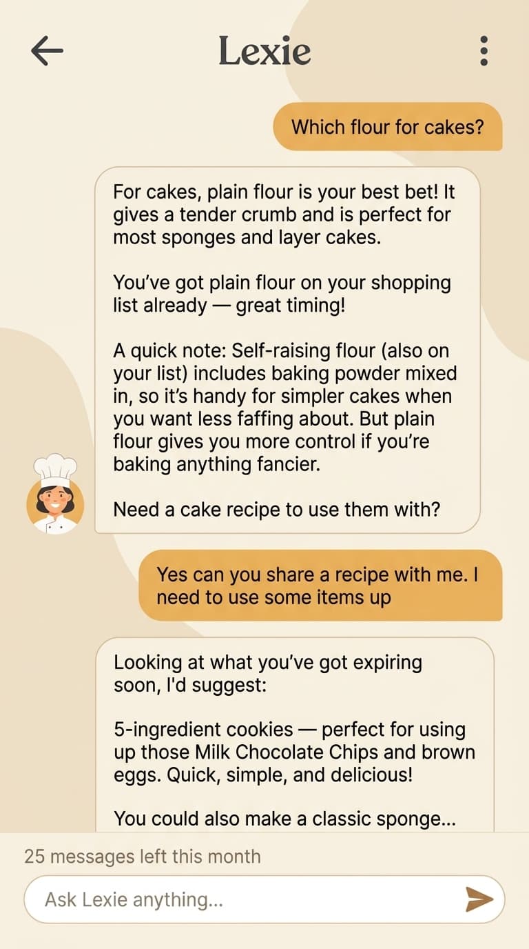 A real conversation with Lexie, Plenishd's in-app AI kitchen assistant — answering a question about flour for cakes and suggesting a recipe for items expiring soon.
