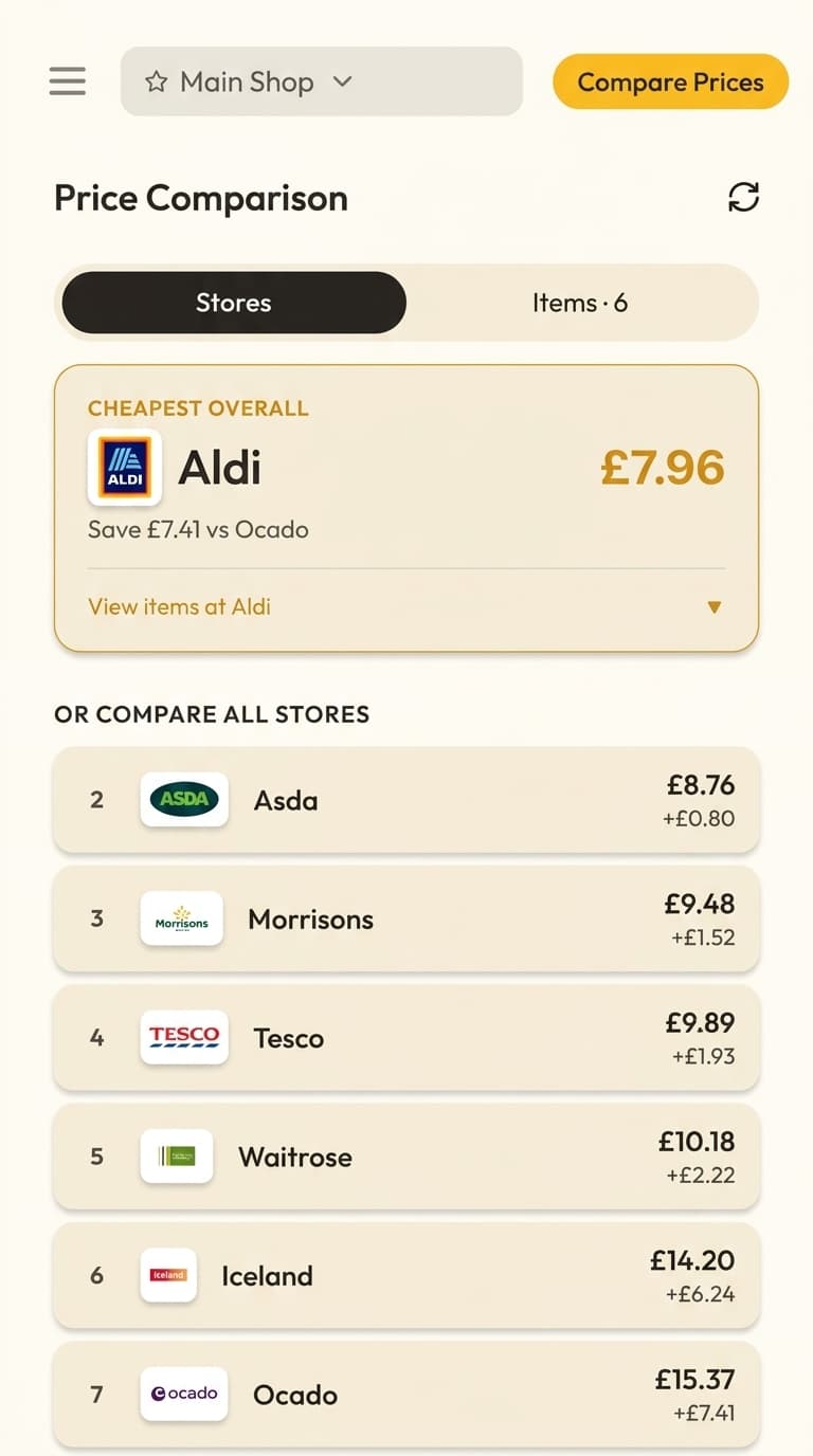 Plenishd Price Comparison — cheapest overall across UK supermarkets