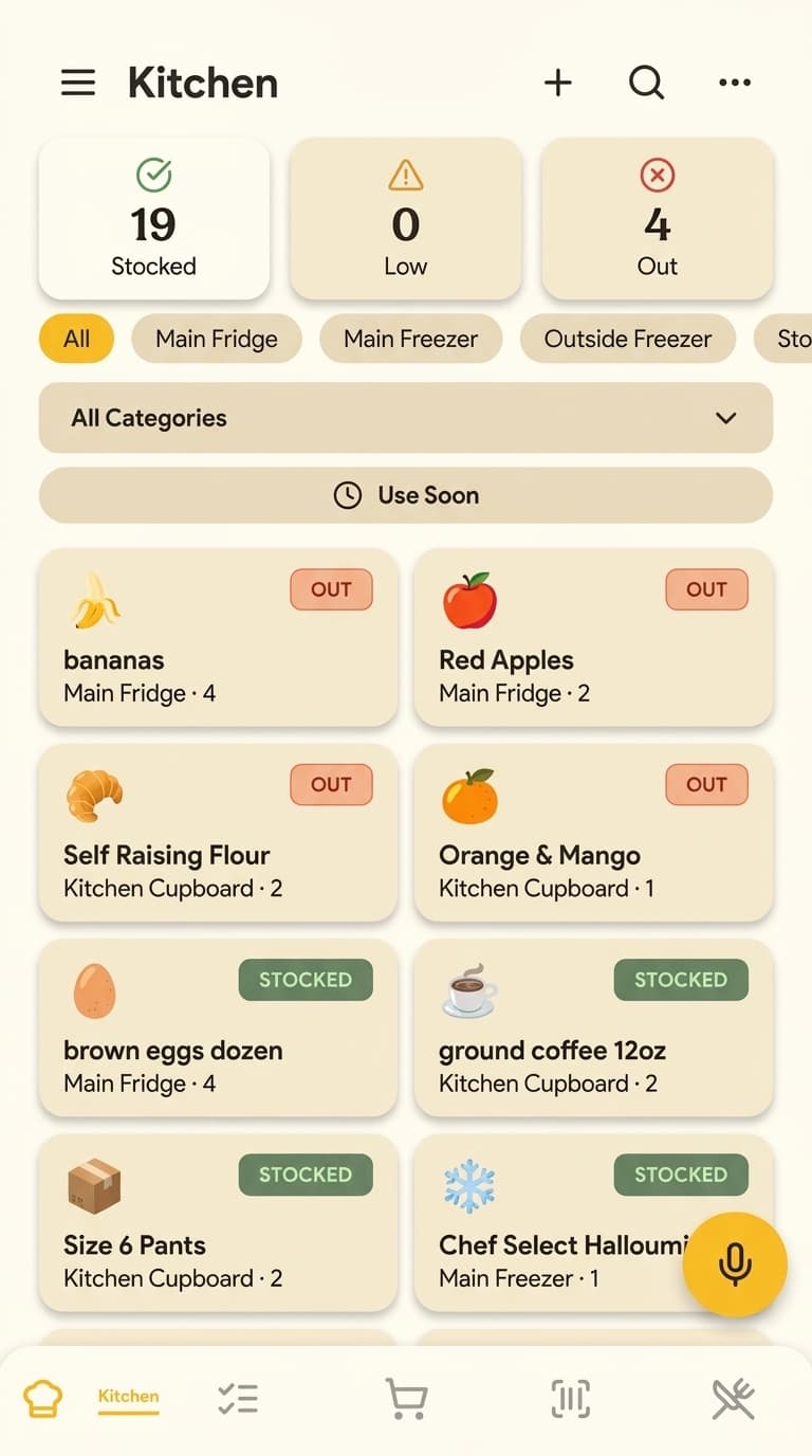 Plenishd Kitchen inventory — items with stocked, low, and out badges